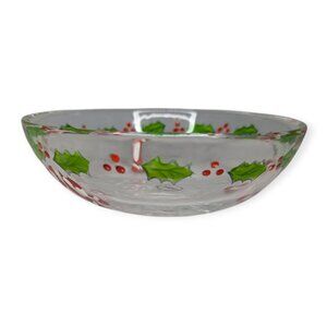 Gorham Glass Christmas Holly with Berries & Candy Cane Painted Bowl 7" Diameter
